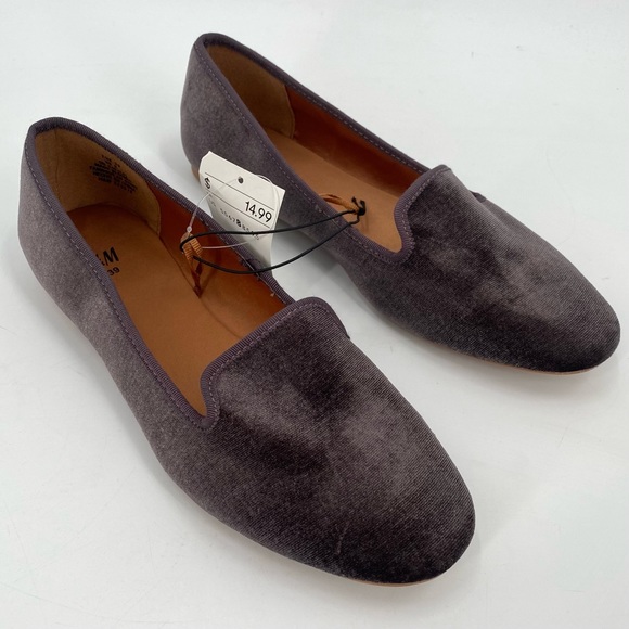 H&M Gray Loafers Velveteen Slippers Shoes Size 8 Womens Slip On Flat Shoes New